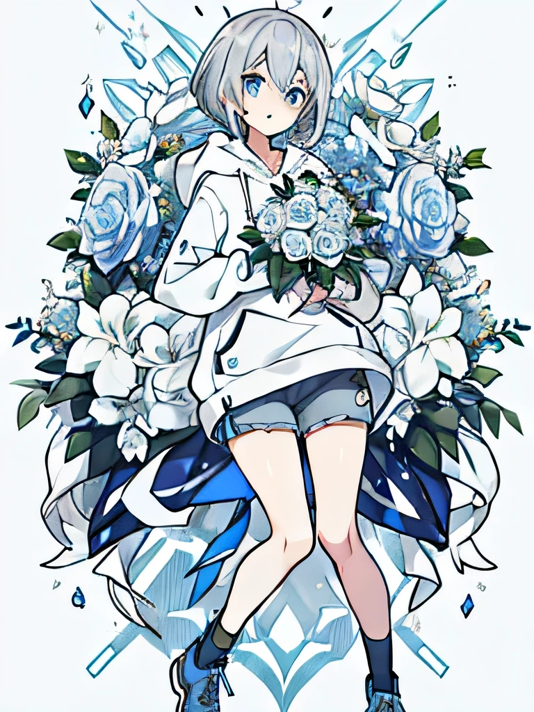 girl,Silver Hair,blue eyes,Bob,birthday,whole body,White hoodie,Grey shorts,bouquet