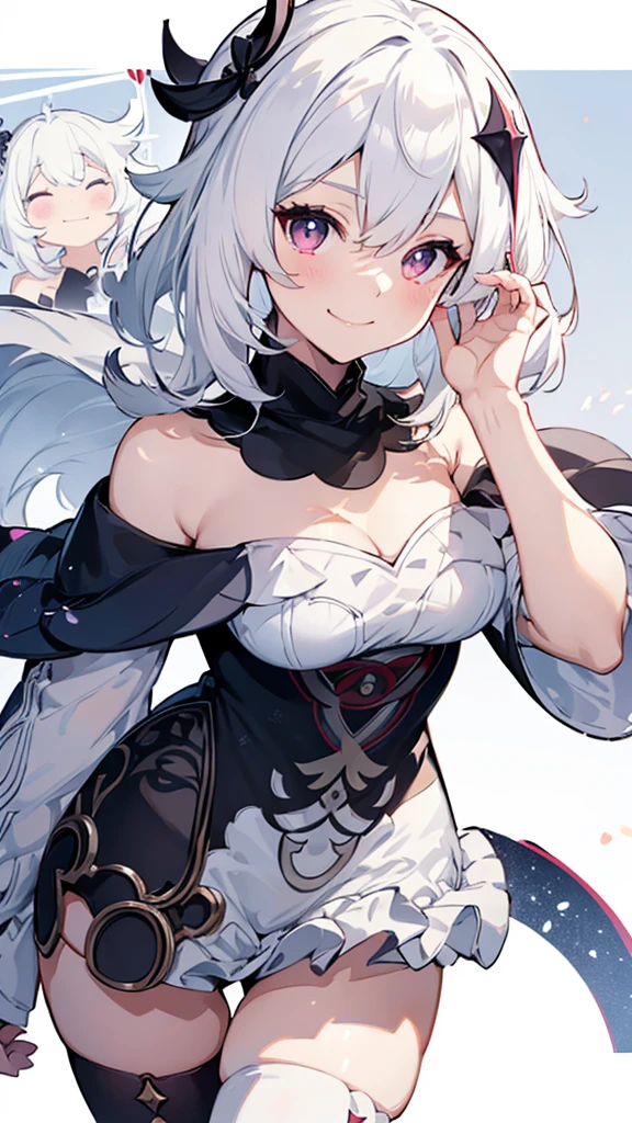 off the shoulder dress，a girl，swimsuit，white hair，Genshin，Paimon，genshin，Show your waist，Smile，portrait，sexy，****ta