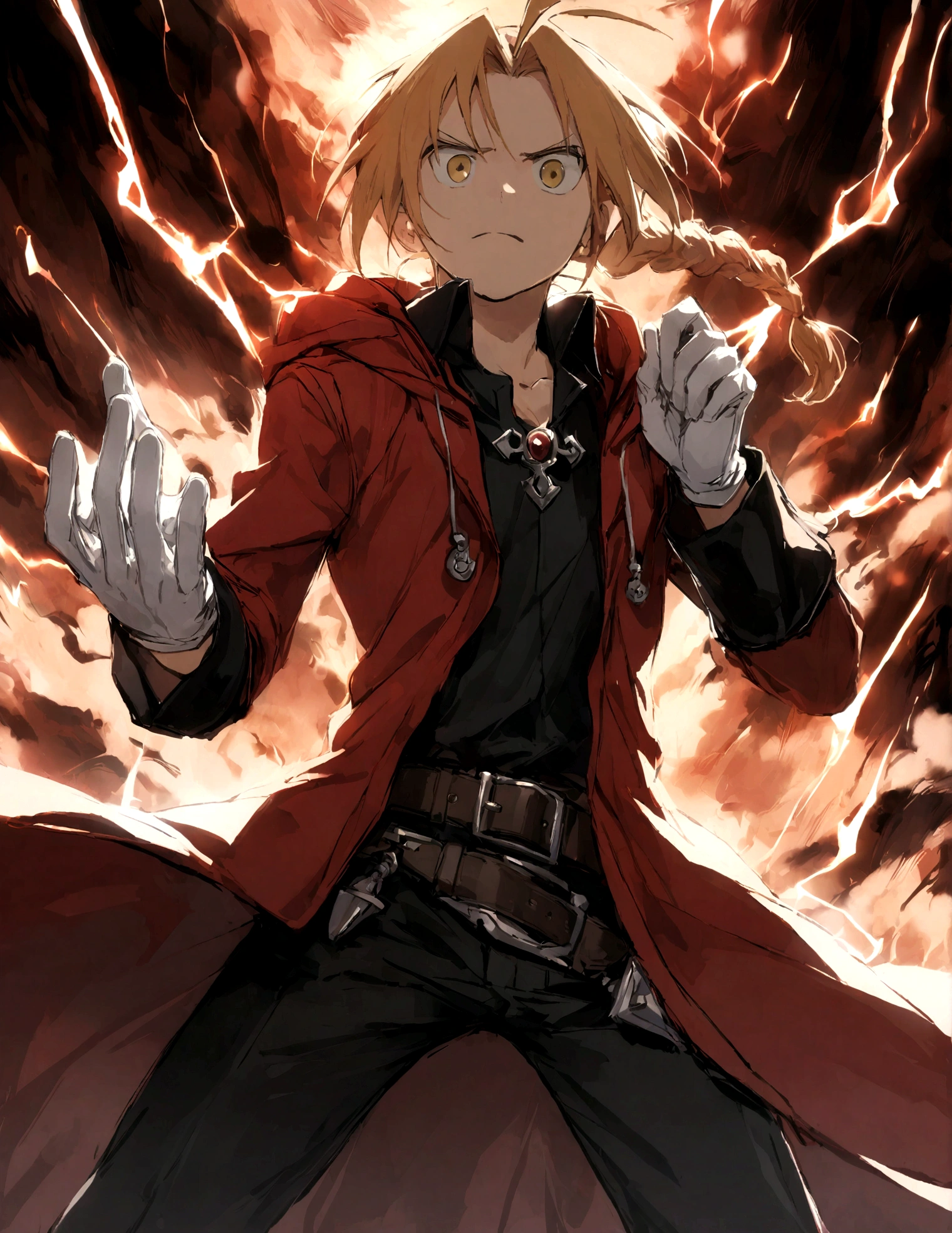 1 boy, Edward Elric\(Fullmetal Alchemis\), red coat, hood, white gloves, black pants, belt, black jacket, black shirt, braided ponytail, electricity,