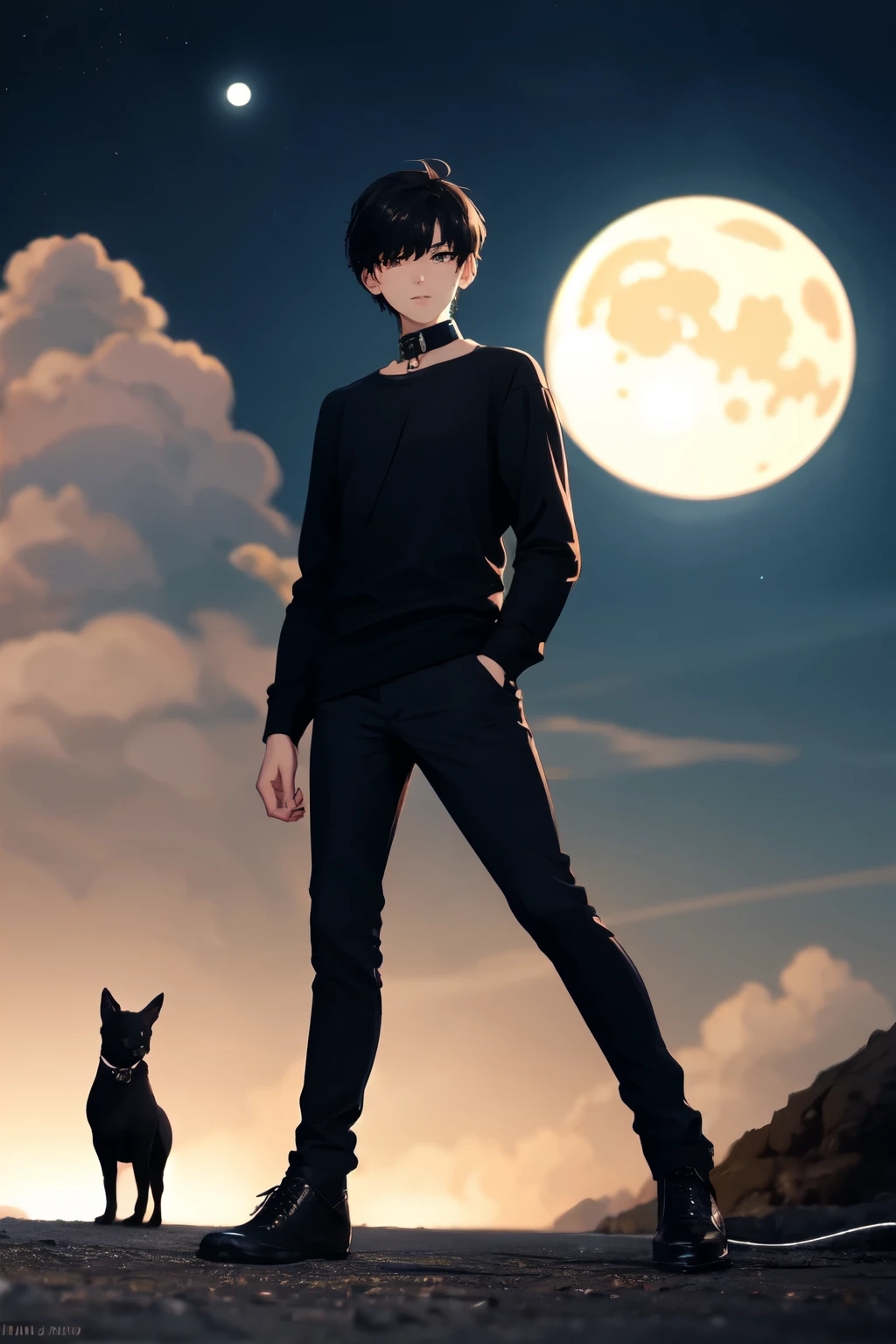 Create a teenage boy, no more than 16 years old, with short black hair, a black shirt with a collar, black shoes and a black tail with an electrified right hand and a very large moon in the background