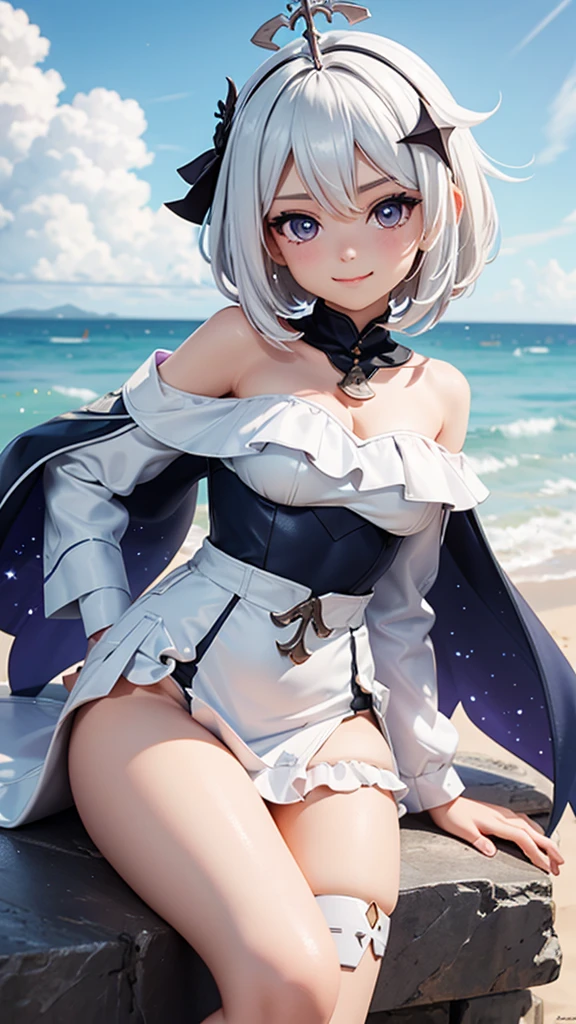 off the shoulder dress，a girl，swimsuit，white hair，Genshin，Paimon，genshin，Show your waist，Smile，portrait，sexy