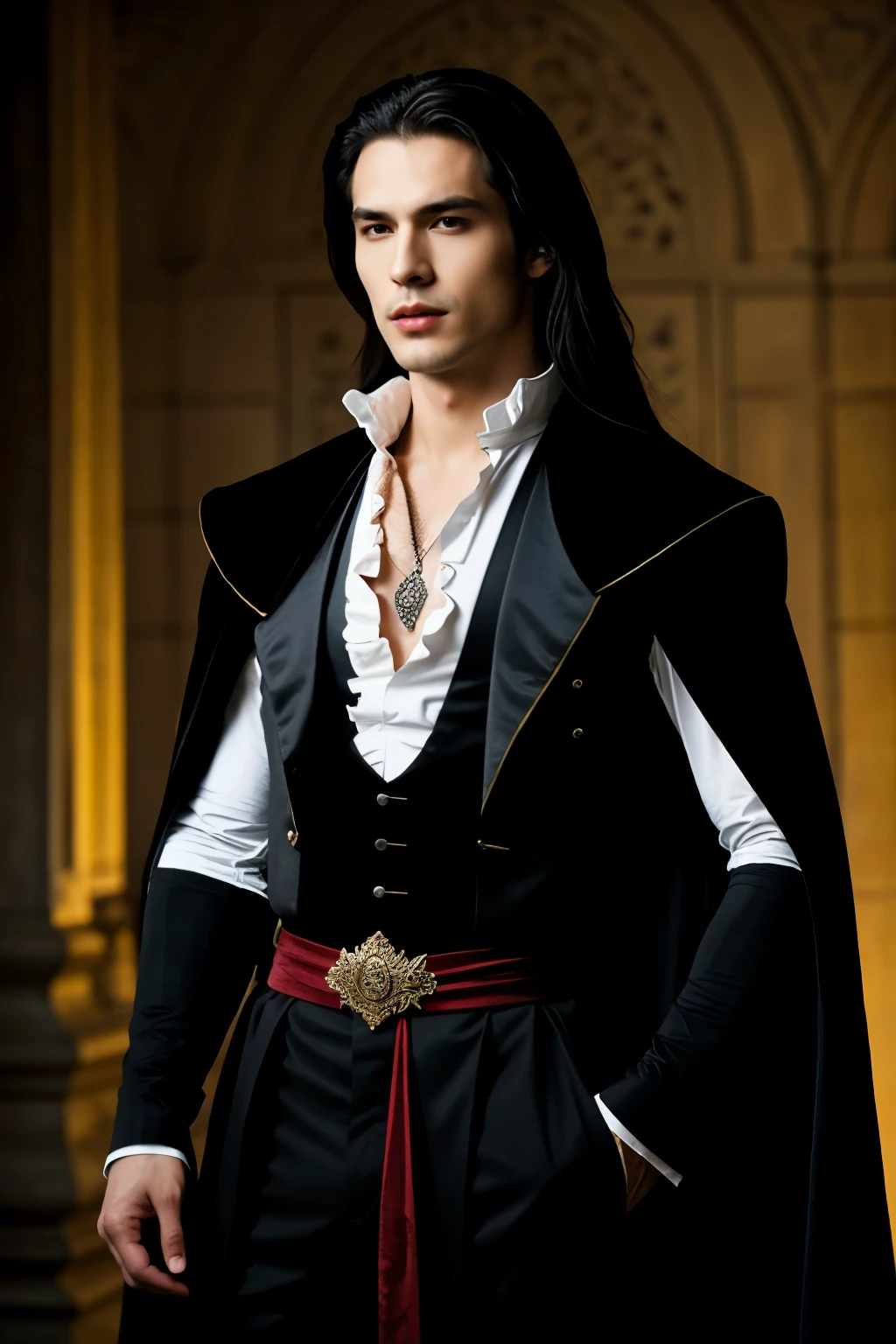 Handsome Male Vampire prince asian, full-length portrait, with a vampire symbol, black red cape draped elegantly, Wear a Renaissance male vampire costume. ,chain accentuating the seductive allure, brown eyes , sharp jawline, masculine nose, Long hair straight to the waist , clean-shaven, exuding an air of elegance and seduction, digital painting, ultra realistic, dramatic lighting