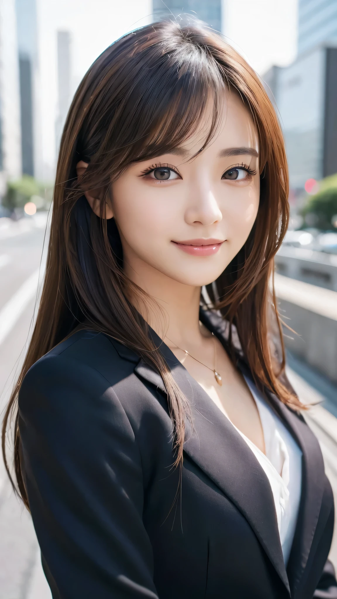 table top、highest quality、genuine、Super detailed、finely、High resolution、8k wallpaper、one beautiful woman、、、light brown disheveled hair、wearing a business suit、sharp focus、perfect dynamic composition、beautiful and detailed eyes、thin hair、Detailed genuine skin texture、smile、model body shape、In Tokyo at morning、Brush your hair up with your fingers.