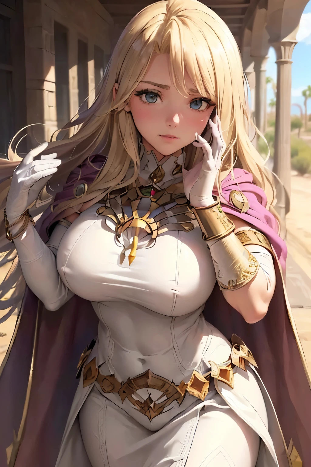 ((mysterious desert path)), (finely detailed eyes and detailed face:1.3), (extremely fine and beautiful:1.1), (Perfect details:1.1), ((gros seins)), ((jambes grasses), Elimine, Fire Emblem, gloves, white dress, elbow gloves, single glove, grey pantyhose, looking at viewer, cape, jewelry, closed mouth, white gloves, armlet, bracelet, circlet, gold trim