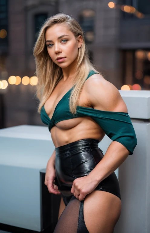 SYDNEY SWEENEY A heavily muscled iffb pro female bodybuilder, full length photoshoot, sexy woman, long straight blonde hair, blue eyes, high arched eyebrows, seductive look, green silk shirt, black pencil leather skirt, stilettos, midnight modern metropolis, spot lighting, backlight on hair, shallow depth of field, bokeh, high heels, black pantyhose, office outfit, professional elite classy woman, luxury secretary, elegant pose, lawyer woman, leather boots