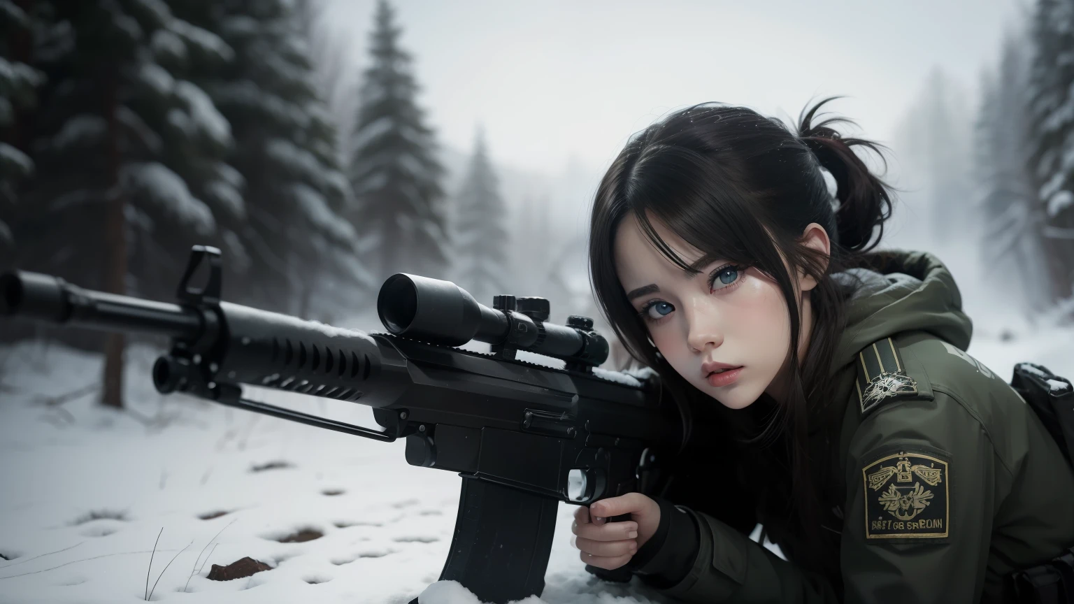 (8K, La mejor calidad, Obra maestra:1.2) personajes dos chicas de anime juntas labios rojos gruesos y calientes Ojos 4k y cara extremadamente detallados,hermosos ojos azules hermosos ,con pechos enormes muslos hechizantes cuerpo completo sentados en un banco en la nieve con un rifle, Desde NCSOFT, De Girls Frontline, Ilustraciones oficiales HDR,