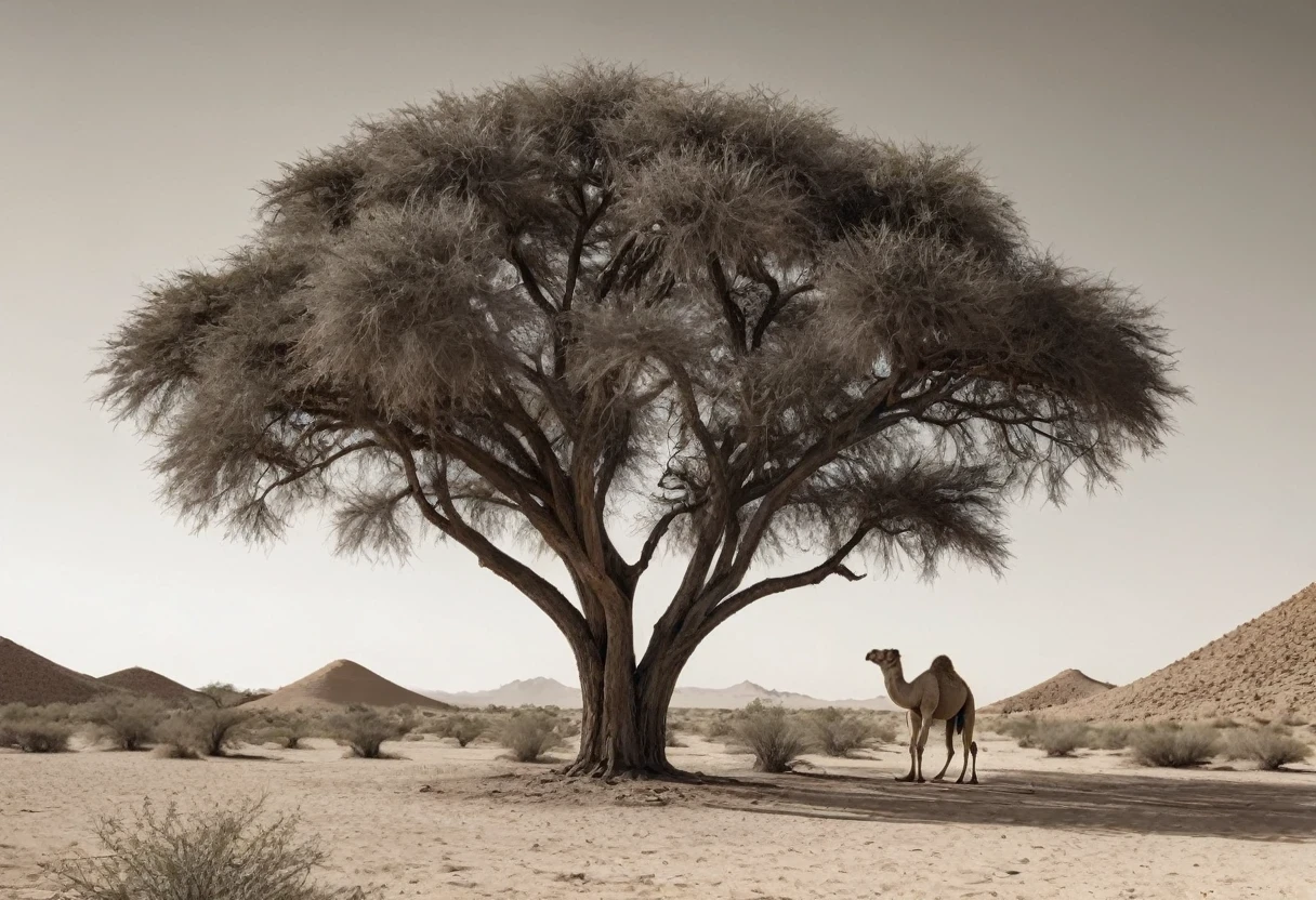 The image represents a landscape of arid terrain, sparsely populated with bushes and small bushes. The most striking feature is a unique and distinctive tree that provides shade for a CAMEL beneath it. The camel under the tree appears to be a dromedary, which has a single hump.