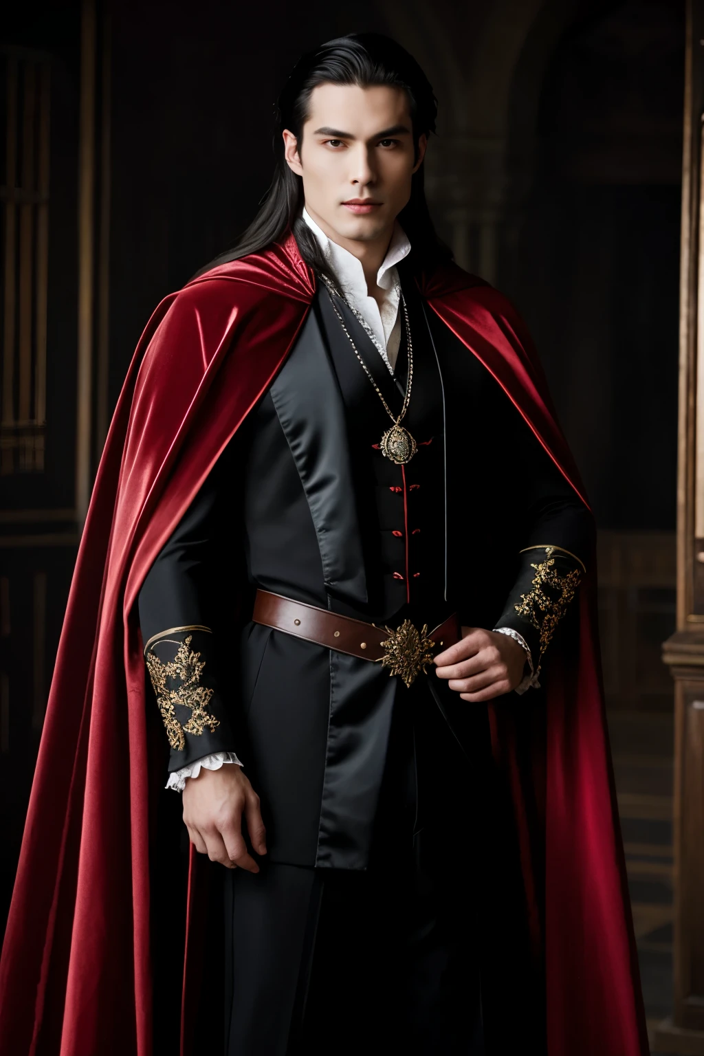 Handsome Male Vampire prince asian, full-length portrait, with a vampire symbol, black red cape draped elegantly, Wear a Renaissance male vampire costume. ,chain accentuating the seductive allure, brown eyes , sharp jawline, masculine nose, Long hair straight to the waist , clean-shaven, exuding an air of elegance and seduction, digital painting, ultra realistic, dramatic lighting