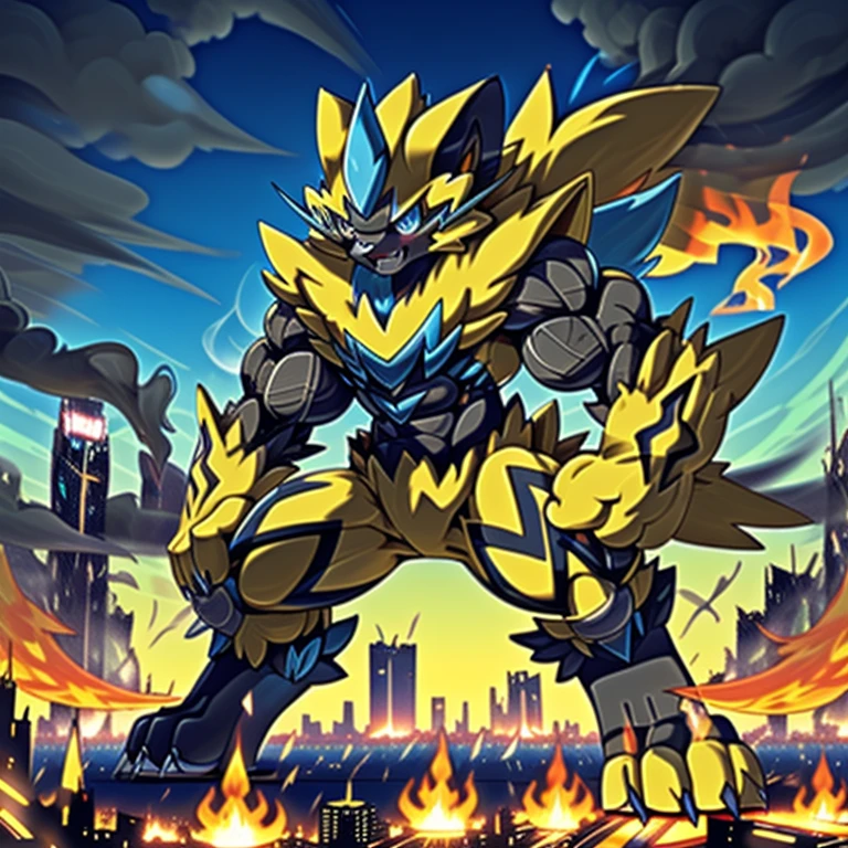 (dominating zeraora. Zeraora is over 1000 meters long.)
(giant mechanical Muscular Zeraora is trampling the city. smoke and flames rising from the destruction in the background, a lone figure.  terrifying and imposing design)
