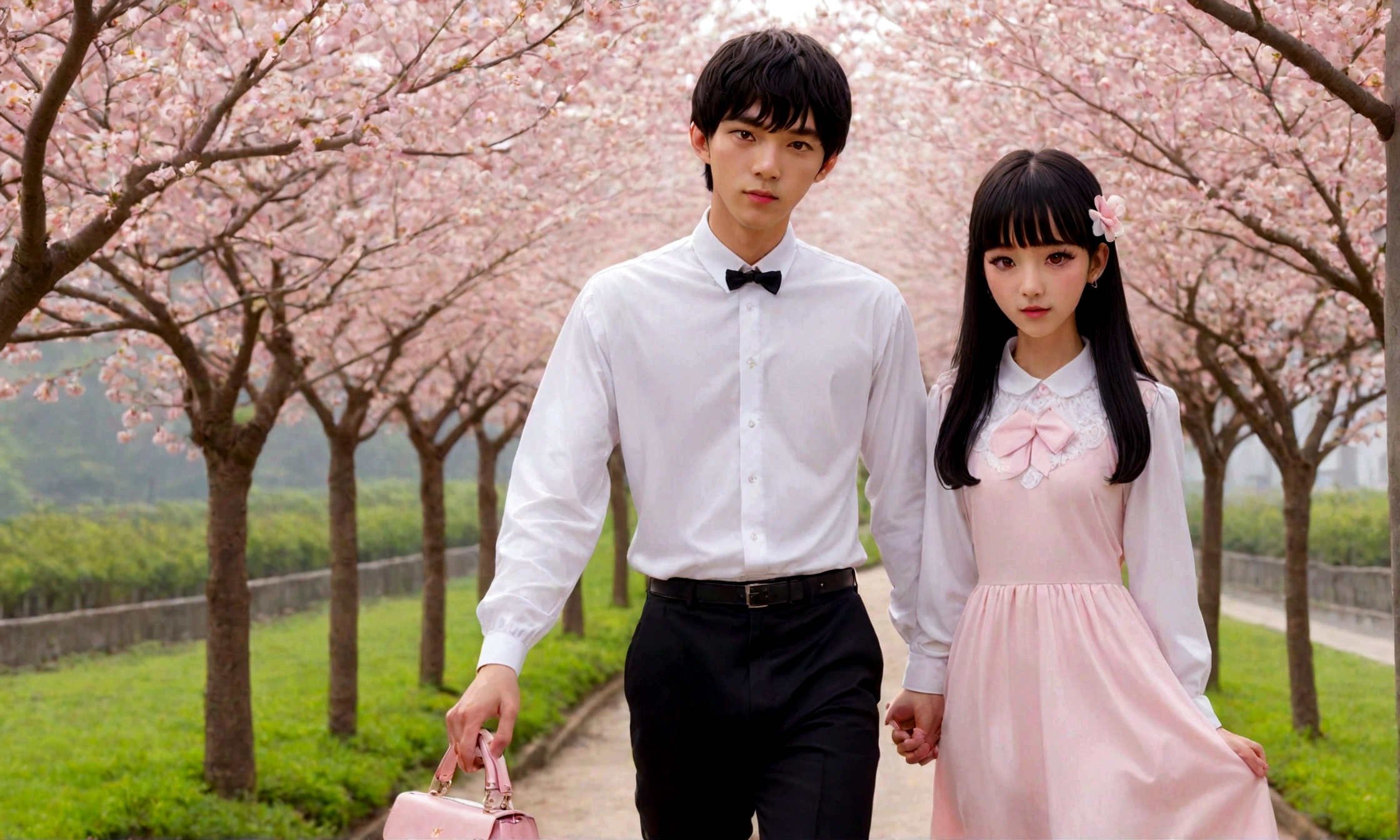 strawberry　pink　cute　girl　Boy is looking back in casual clothes　Two shots　Couple　whole body　 Long sleeve white dress, And heeled shoes. Her black bangs are straight、Each eye has three eyelashes。. Shine; Sparkling　strawberryの花　Going out　carrying a shoulder bag on one&#39;s shoulder　Date
