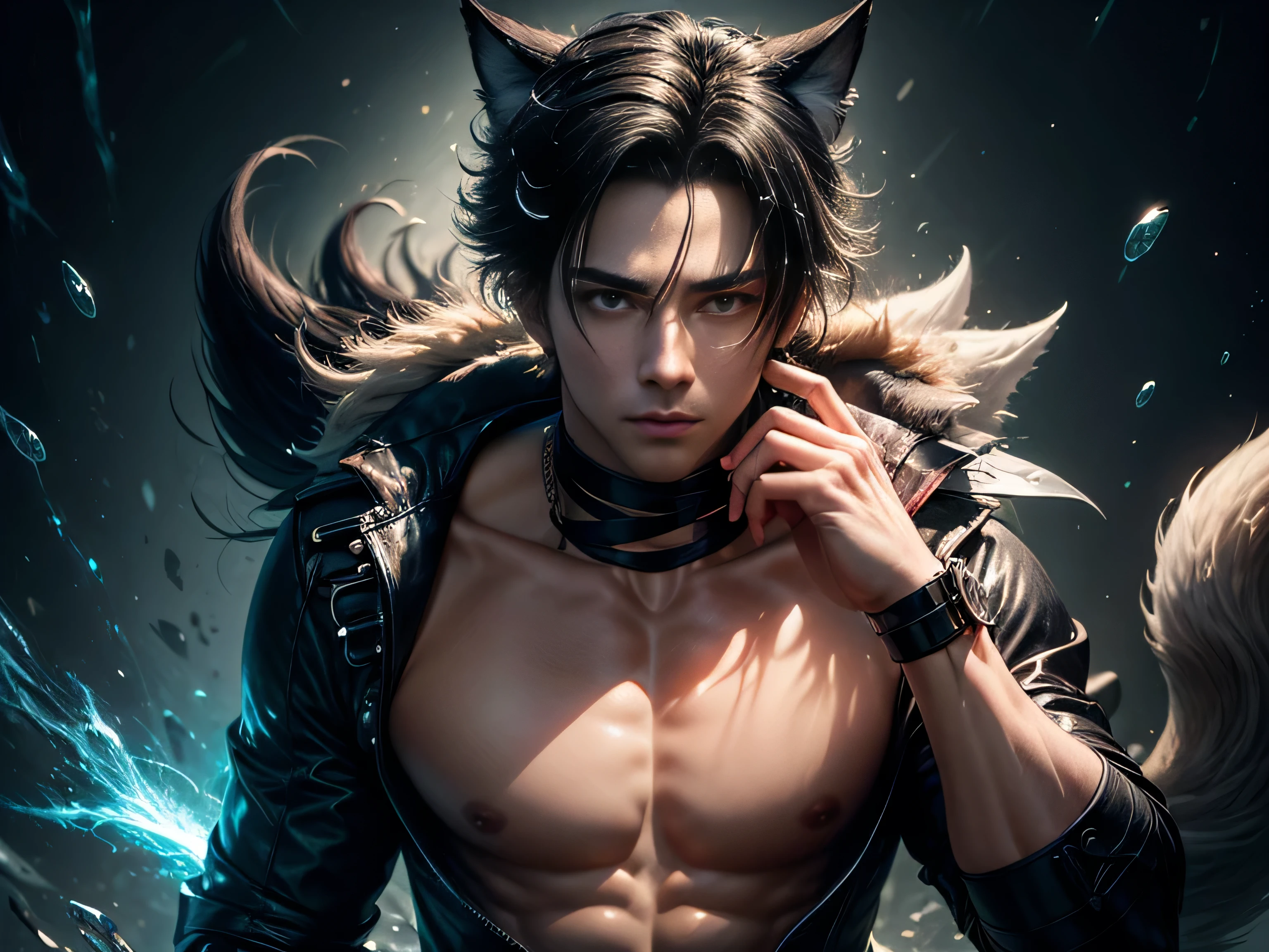 (Best Quality, 8K, Masterpiece, HDR, Soft Lighting, Picture Perfect, Realistic, Vivid), Nine Tails of a Black Fox (1.0), Tail of a Black Fox (1.0), Nine-Tailed Fox, Guy Fox with Black Hair and Blue Suit Sexy open leather suit, naked torso with developed body, beautiful fantasy anime, very handsome and cute fox guy, pink flower rain, background blur, anime fantasy, Gouves style work, realistic: 1.37, top view, lying in pink flowers, horizontal view, (ultra high quality fantasy art), masterpiece, male model, ultra high quality male character design, anime art with 8k development, realistic anime art, highest quality wallpaper illustrations, complex ultra high quality accurate male characters faces, high quality design and accurate physics (super high quality fantasy style)) art, dark fantasy)) Style), masterpieces, super high-quality characters, anime resolution - 8K, realistic anime art, wallpapers with the highest quality illustrations, ultra-high detail of faces, high-quality design and accuracy of physics), color, depth of field, shadows, ray tracing , production of high-quality computer wallpapers and 8K resolution, (Accurate simulation of the interaction of light and materials)], [High-quality hair detail [More about beautiful and shiny red hair]], (Beautifully detailed hands [perfect fingers [Perfect nails]], (perfect anatomy (perfect proportions)))) [[Full-length]], [Perfect combination of colors (Accurate imitation of the interaction of light and material)], [art that conveys the meaning of the story]