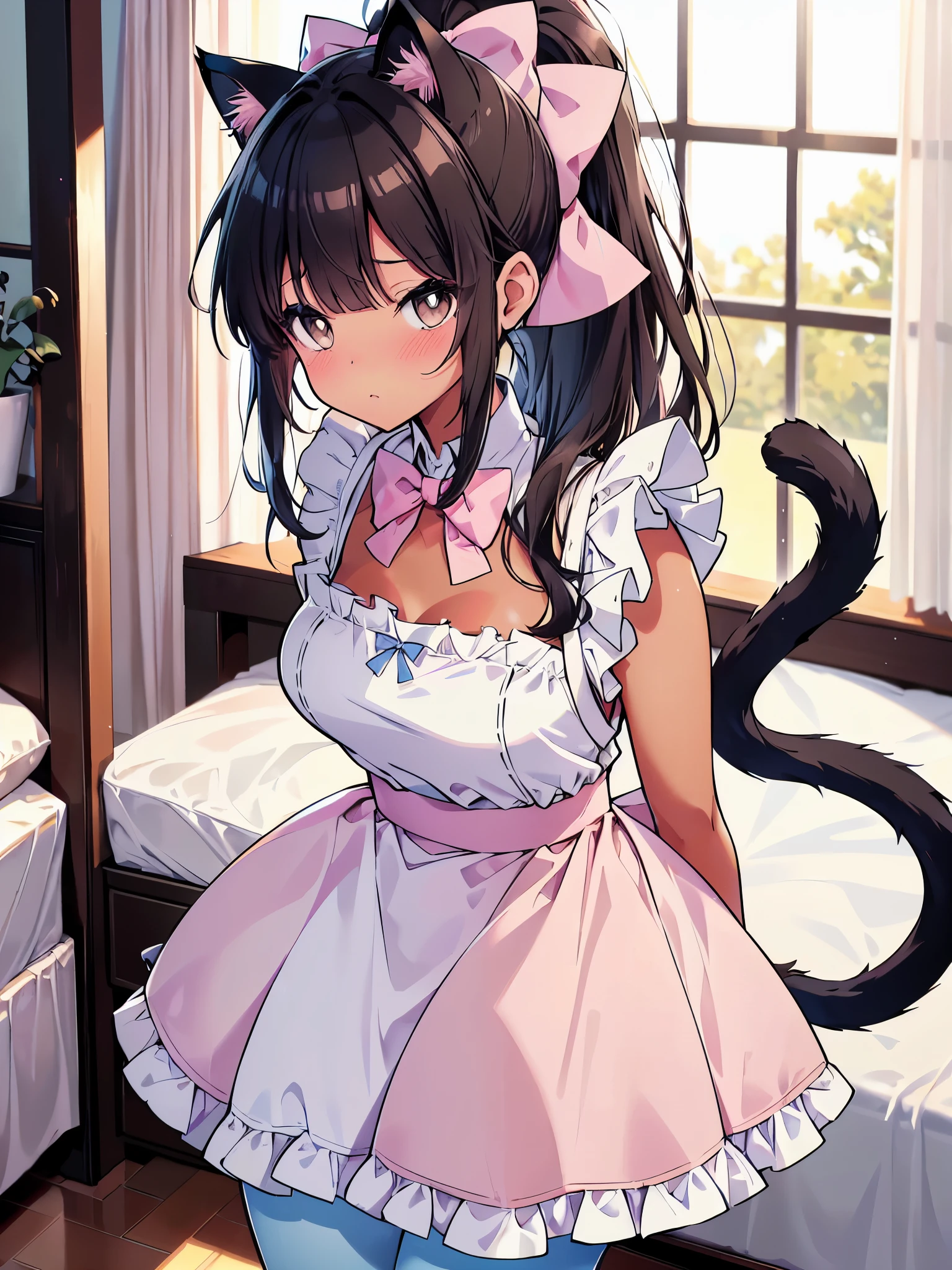 (cowboy shot), (ultra-high resolution, depth of field:1.2), 1woman, medium breasts, (tan skin:1.4), brown eyes, (long straight black hair), ponytail, bangs, cat ears, cat tail, (light pink maid uniform), (light blue bow:1.2), pantyhose, cleavage, bedroom scenery, slightly leaning forward, arms behind back, (blushing), nervous