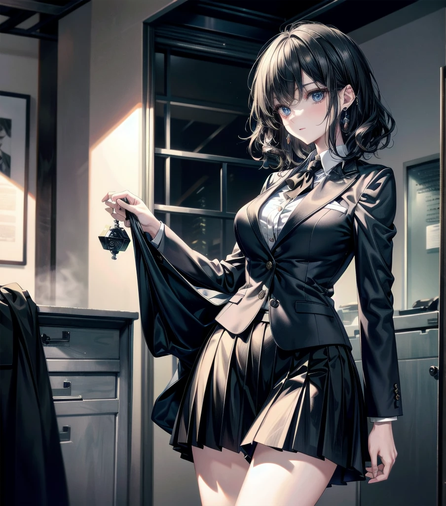 absurdres, RAW photo, extremely delicate, extremely beautiful, masterpiece, Best Quality, ultra high resolution, 32k, hyperrealistic, ultra-detailed description, perfect anatomy, pale skin, 20 years old, detailed beautiful face, detailed beautiful face eyes, tearful mole, earring, short medium hair, wavy hair, black hair, Colossal tits, slim body, narrow waist, whole body, ((business suit)), blazer, blouse, short skirt, office,