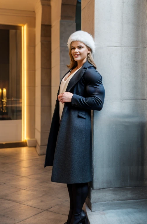 A heavily muscled iffb pro female bodybuilder 
 Looking at Viewer, cinematic lighting, Perfect fit, soft light, High resolution skin:1.2, realistic skin texture、stylish look, full body, 24 years old   Alice Eve 、blue eyes,  small face、seductive smile, no makeup、Makeup is light、long cut hair、messy dark brown long hair、 disguised in a Christian Dior outfit coat, warm hat, cold day, winter, modern and elegant hotel background, 