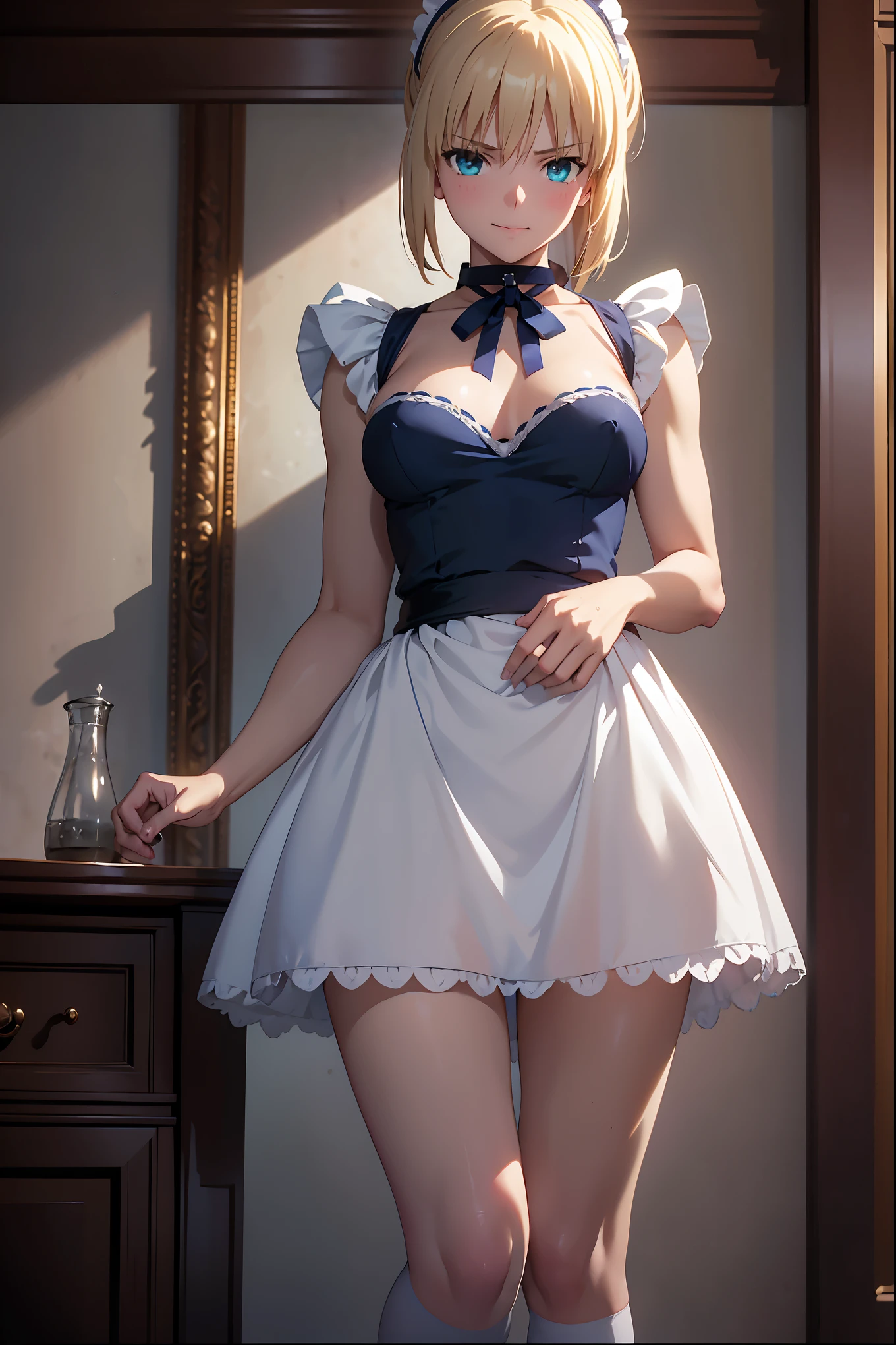 NSFW　(masterpiece:1.2), highest quality, High resolution, unity 8k wallpaper, (figure:0.8), (Beautiful fine details:1.6)(Artoria Pendragon), alone　　（Maid clothes）＋＋Bikini Maid　　short hair,ponytail　 Parody, Blue choker, {{{White apron}}}＋＋　白色のMaid clothes, Blue Ribbon,Realistic cafe　　Beautiful Abs　 Beautiful arm muscles　((Are standing))　　((Absolute area))　Beautiful thighs　Realistic cafe　Beautiful beach　Knee-high socks　Absolute area　Angle from below　　inner thigh　smile　blush　Embarrassed face