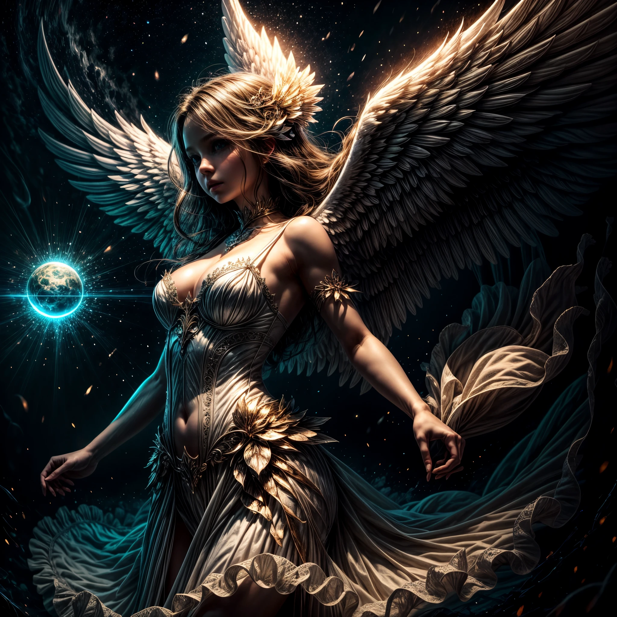 8K, Best Quality, Masterpiece, Ultra High Resolution, (highly detailed CG unity 8k wallpaper), (best illustration), (best shadows), isometric 3D, octane rendering, ray tracing, highly detailed, (wide panoramic view: 1.1), Realistic hands. Blurred foreground. [there is a woman in a white dress holding a blue object, full - body majestic angel, beautiful cyborg angel girl, big angel wings wide open, of beautiful angel, angel knight gothic girl, an angel of the dawn light, angel knight girl, angelic wings, ethereal wings, one angel, epic angel wings, angel girl, big white glowing wings]