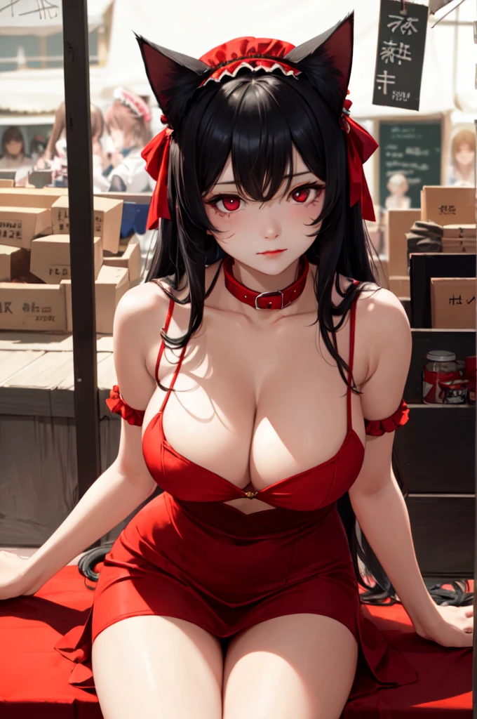 Detailed facial details，1 girl、Cat ear，Black long hair,Red lips，Large Breasts，Wearing a red maid outfit，Bow headdress，Two hands，Charming red eyes, Shy expression，Slim，Handcuffs，Collar，Radiant Skin，Facial details are very detailed, Sitting in the market