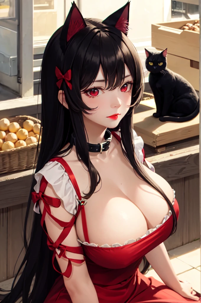 Detailed facial details,1 girl、Cat ear,Black long hair,Red lips,Large Breasts,Wearing a red maid outfit,Bow headdress,Two hands,Charming red eyes, Shy expression,Slim,Handcuffs,Collar,Radiant Skin,Facial details are very detailed, Sitting in the market