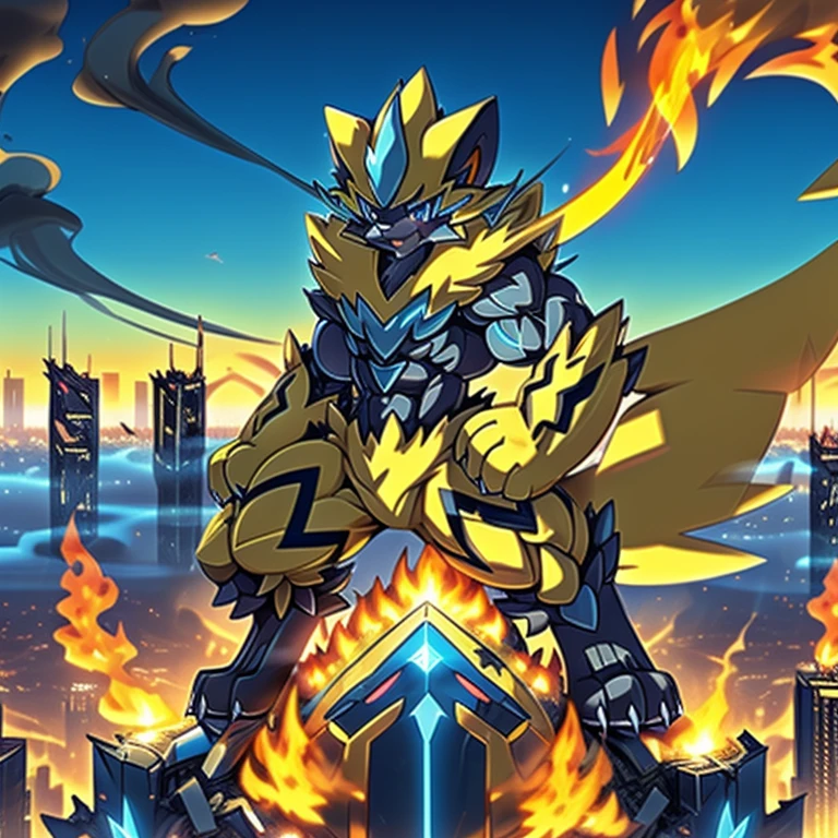 (dominating zeraora. Zeraora is over 1000 meters long.)
(giant mechanical Muscular Zeraora is trampling the city. smoke and flames rising from the destruction in the background, a lone figure.)