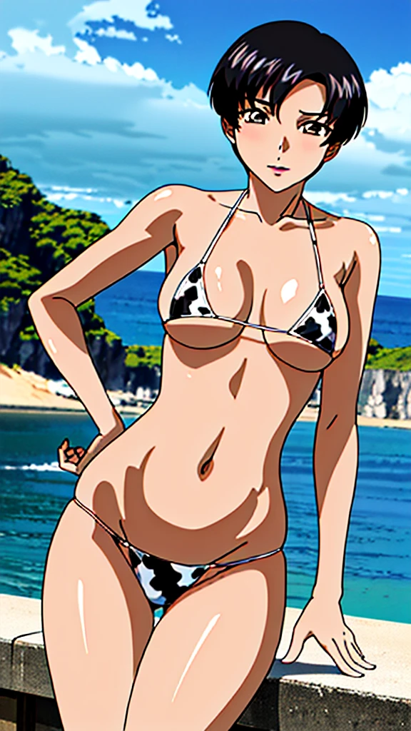 (masterpiece, 4K, highest quality, anime style: 1.9, Detailed face, Lovely, Ocean,Bold Line, High resolution, anime, Lake 4. alone, Curvaceous, Very slim belly, Cowboy Shot, Cow print bikini,1 girl,Black Hair,short hair,Natal Basileur