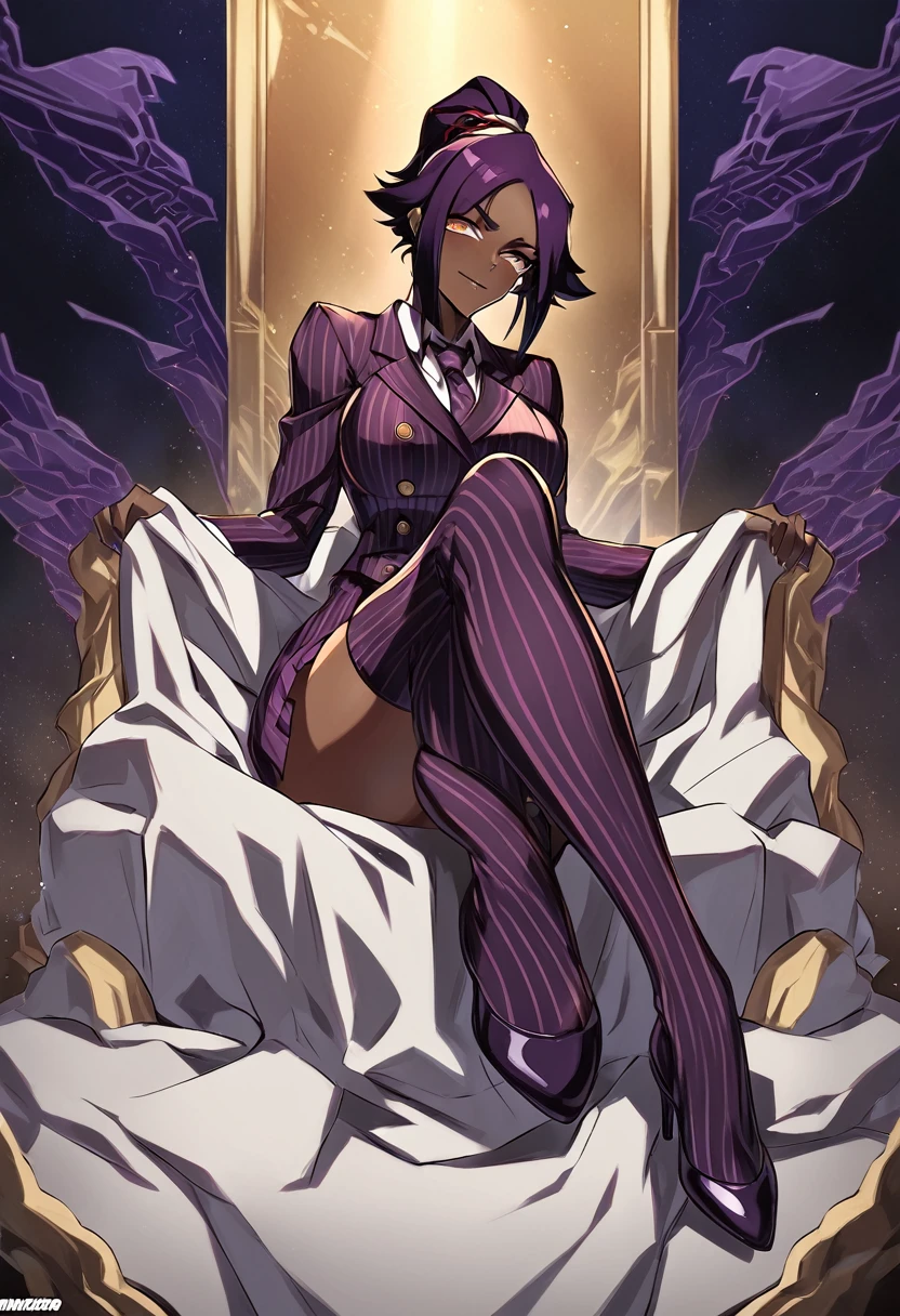  Full body Yoruichi as a thin Black business woman in a double breasted pinstripe purple  skirt suit while wearing a tie with a purple pinstripe skirt and with purple knee sock’s and stockings wearing purple heels while sitting full art anime make her look older 