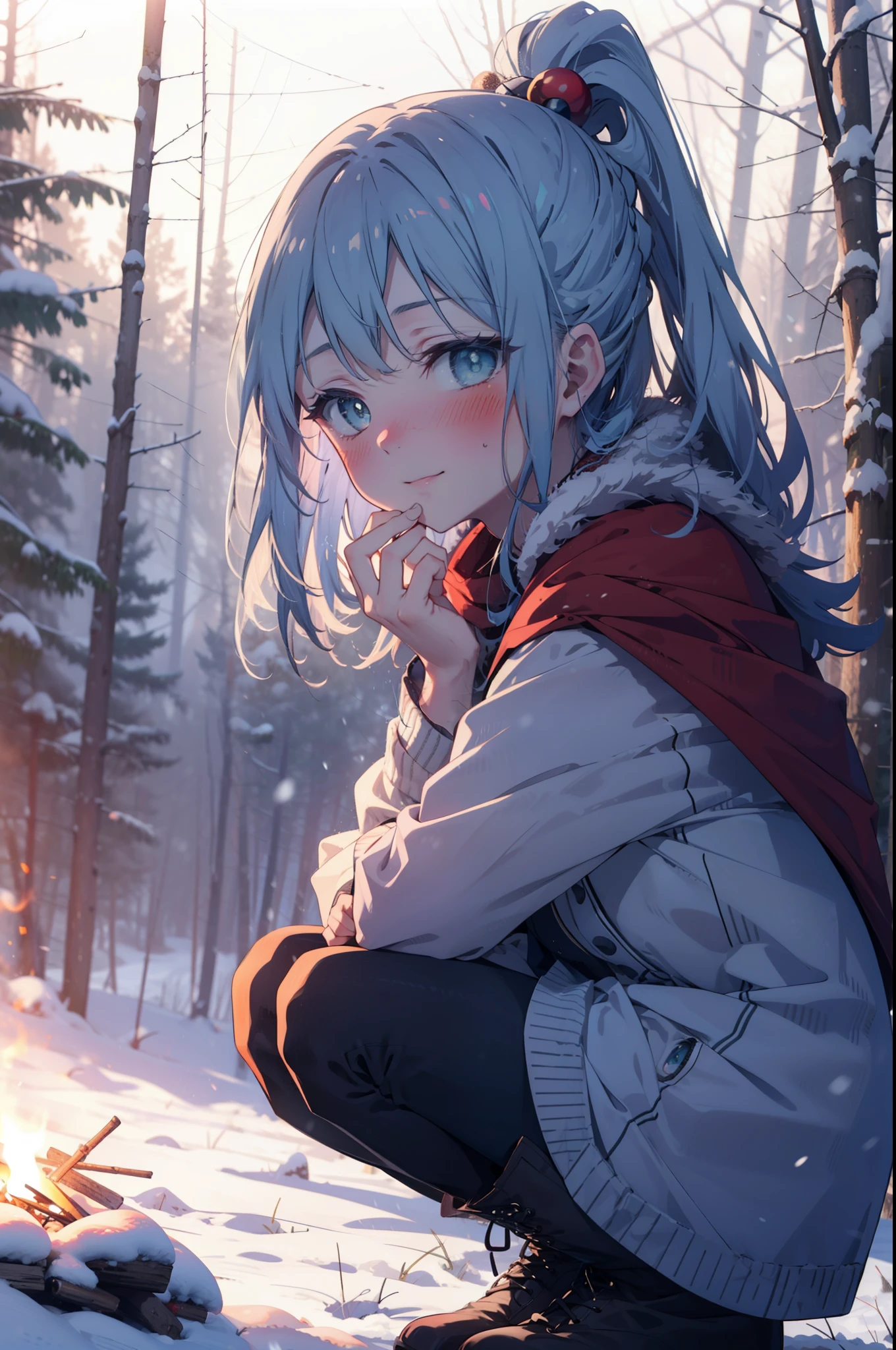 konosubaAqua, Aqua, Long Hair, blue eyes, hair ornaments, very Long Hair, Blue Hair, Hair Ring, シングルHair Ring, Hair ties,smile,smile,blush,White Breath,
Open your mouth,snow,Ground bonfire, Outdoor, boots, snowing, From the side, wood, suitcase, Cape, Blurred, , forest, White handbag, nature,  Squat, Mouth closed, Cape, winter, Written boundary depth, Black shoes, red Cape break looking at viewer, Upper Body, whole body, break Outdoor, forest, nature, break (masterpiece:1.2), highest quality, High resolution, unity 8k wallpaper, (shape:0.8), (Beautiful and beautiful eyes:1.6), Highly detailed face, Perfect lighting, Extremely detailed CG, (Perfect hands, Perfect Anatomy),