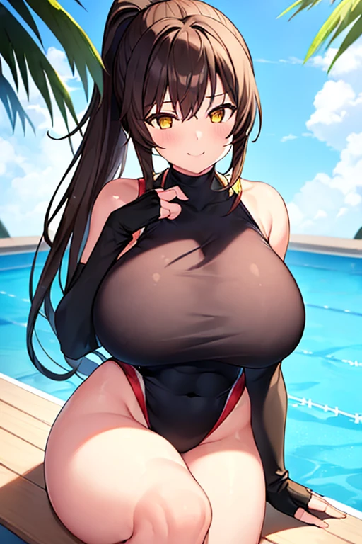 1girl, one-piece swimsuit, black one-piece swimsuit, brown hair, ponytail, highleg, yellow eyes, bare legs, thick thighs, huge breasts, smile, pool, competition swimsuit, sleeves, long sleeves, ((bare legs)), ((sleeves)), ((fingerless gloves)), ((long sleeves))
