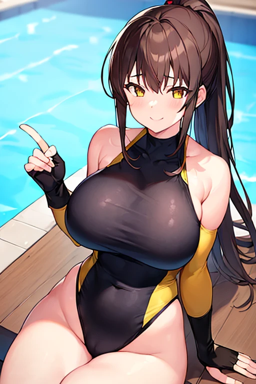 1girl, one-piece swimsuit, black one-piece swimsuit, brown hair, ponytail, highleg, yellow eyes, bare legs, thick thighs, huge breasts, smile, pool, competition swimsuit, sleeves, long sleeves, ((bare legs)), ((sleeves)), ((fingerless gloves)), ((long sleeves))