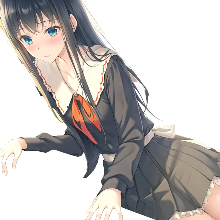 (masterpiece, best quality:1.2), 1girl, solo, (Long sleeve), school uniform, long hair, black hair, black dress, frills, neck ribbon, red neckwear, red ribbon, sailor collar,