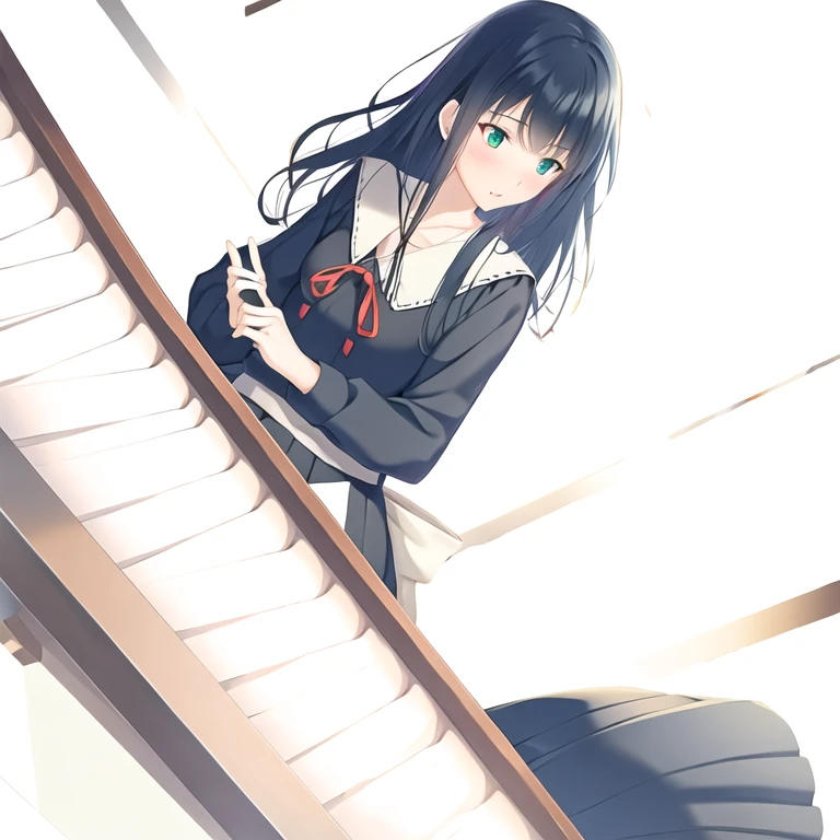 (masterpiece, best quality:1.2), 1girl, solo, (Long sleeve), school uniform, long hair, black hair, black dress, frills, neck ribbon, red neckwear, red ribbon, sailor collar, 
