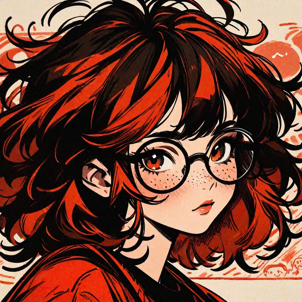 (masterpiece, best quality:1.2), Cartoon hand drawing, 1girl, solo, portrait, wearing glasses, freckles, messy hair, The color palette is in red, orange and black tones and has a sketchy style. The background should have a simple hand-drawn doodle pattern, 1shxx1