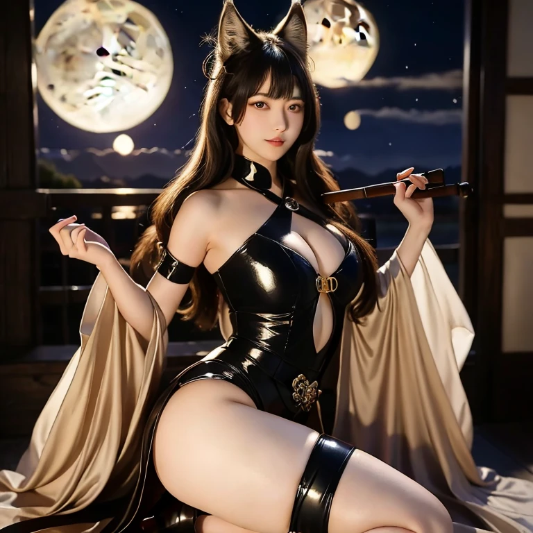 (masterpiece, best quality:1.2), 1girl, solo,(高画質:1.1)(九尾の狐の尻尾が生えた美しい30代の女性が着物を着て鎌を持っている:1.1)満月の夜,(スリム)、狐娘、長身、着物、黒い炎に包まれている、ダイナミックな動き、スリム