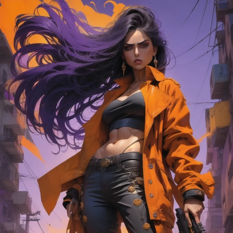 oscuro y desgarrado, ((1 joven mujer hermosa cuerpo musculoso, expresión feroz, sosteniendo un arma:1.42)), (colores en su ropa, cálido, naranja, amarillo, Violeta:1.3), parado en un páramo desolado, iluminación dramática, sombras intensas, textura arenosa, tall contrast, Colores vibrantes, pose dinámica, postura poderosa, fondo rugoso, Atmósfera explosiva, tema distópico, elementos surrealistas, ilustración pintada digitalmente, resolución de alta definición:1.4, detalles intrincados, composición dramática, pinceladas vanguardistas y caóticas, estilo gótico, emociones intensas, epic scale, sensación cruda y arenosa, Obras de arte cautivadoras y provocativas..
