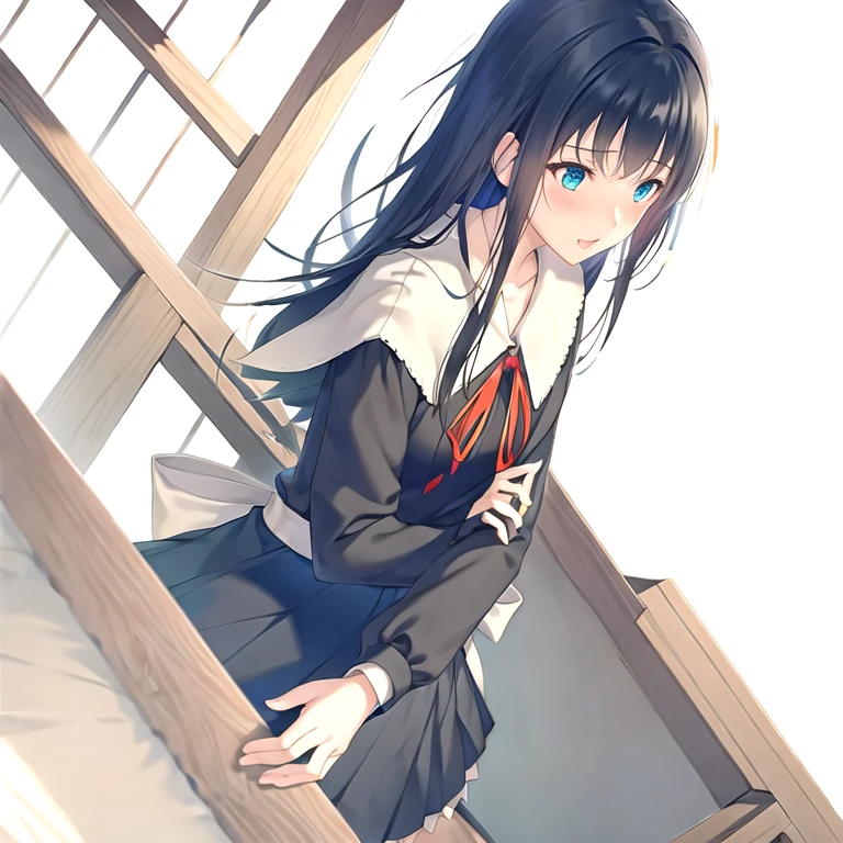 (masterpiece, best quality:1.2), 1girl, solo, (Long sleeve), school uniform, long hair, black hair, black dress, frills, neck ribbon, red neckwear, red ribbon, sailor collar,