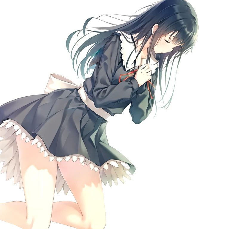 (masterpiece, best quality:1.2), 1girl, solo, (Long sleeve), school uniform, long hair, black hair, black dress, frills, neck ribbon, red neckwear, red ribbon, sailor collar,