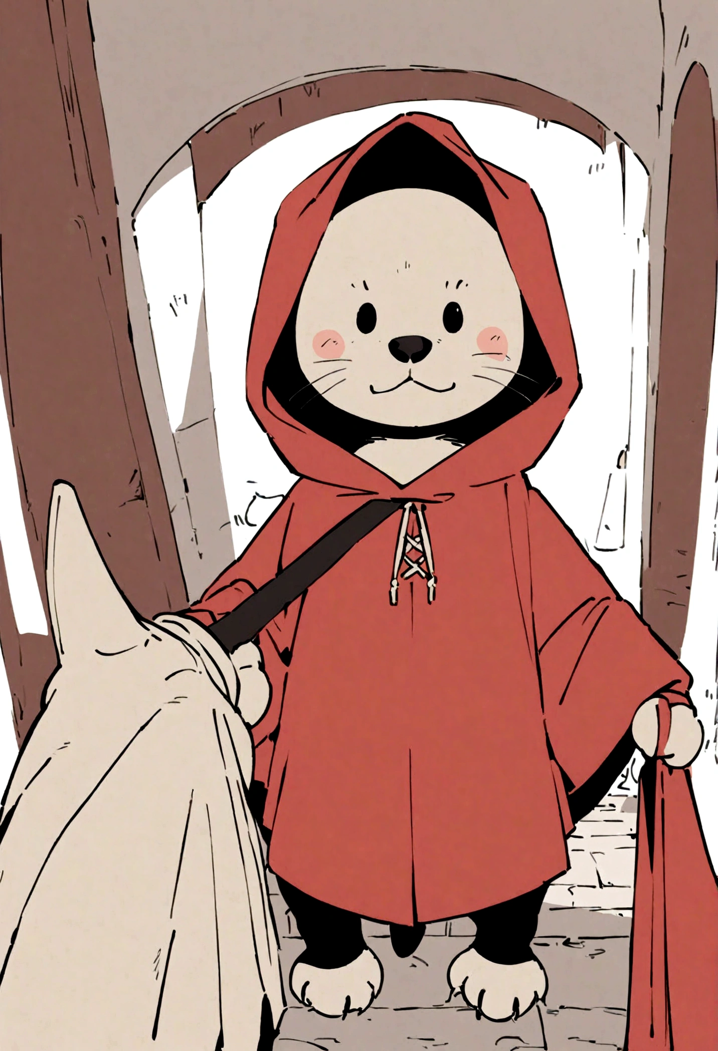 otter wearing a red cloak with a hood, front view, looking at the observer with a smile, blush, holding a sling, perspective, dressed as warrior, finely detailed paw, flat color, vector, cartoon, detail