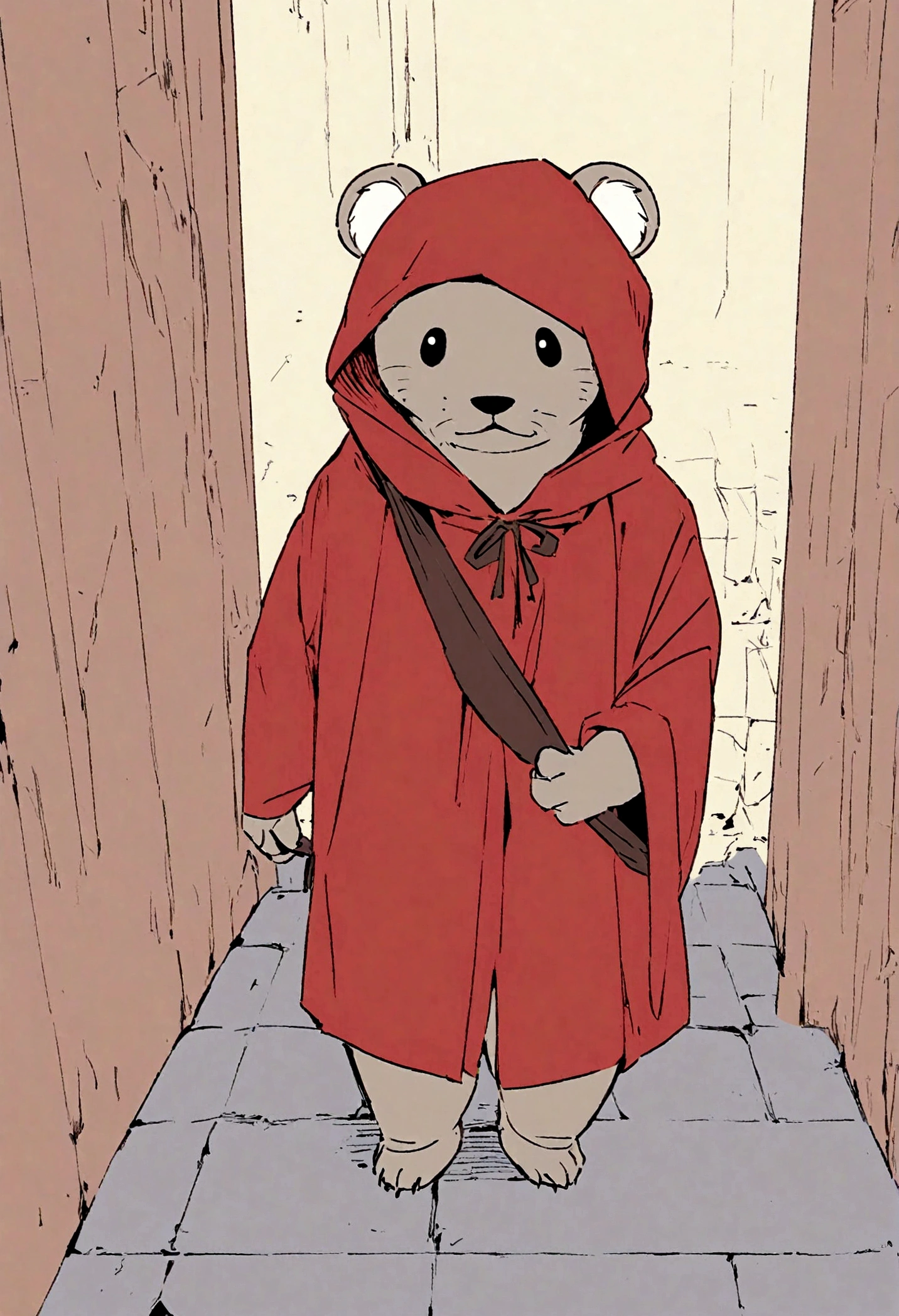 otter wearing a red cloak with a hood, front view, looking at the observer with a smile, blush, holding a sling, perspective, dressed as warrior, finely detailed paw, flat color, vector, cartoon, detail