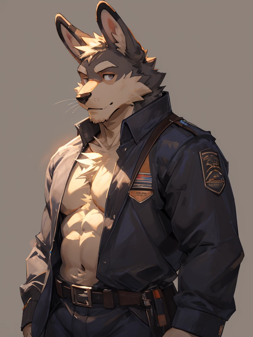 Solo, male, Light brown hare, in one color tone, with long ears, shirtless, in jeans, chest, big chest view, ((focus body, furry focus, shades focus, body shades)) (((gray background, gray wallpaper, one color))), by darkgem, by mystikfox61, by glitter trap boy