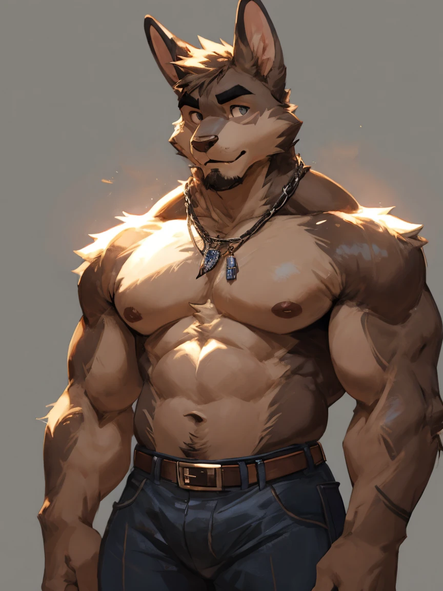Solo, male, Light brown hare, in one color tone, with long ears, shirtless, in jeans, chest, big chest view, legs, ((focus body, furry focus, shades focus, focus chest, body shades)) (((gray background, gray wallpaper, one color))), by darkgem, by mystikfox61, by glitter trap boy