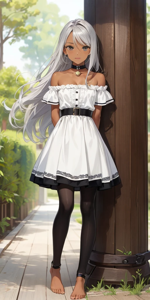 (Masterpiece, best quality, intricate details, 1sologirl) iron collar, arms behind back, iron cuffs, shackles, leather collar choker neck bell, bound ((standing by wooden pole:1.2)) ((female Black Dark skin Gyaru)) show entire body frontal position, feet in view, realistic, gorgeous 16y.o. darkest skinned mixed race female, black African, transparent black pantyhose, legs open, museum,barefoot no shoes, looking to viewer straight symmetrical, white silver long hair