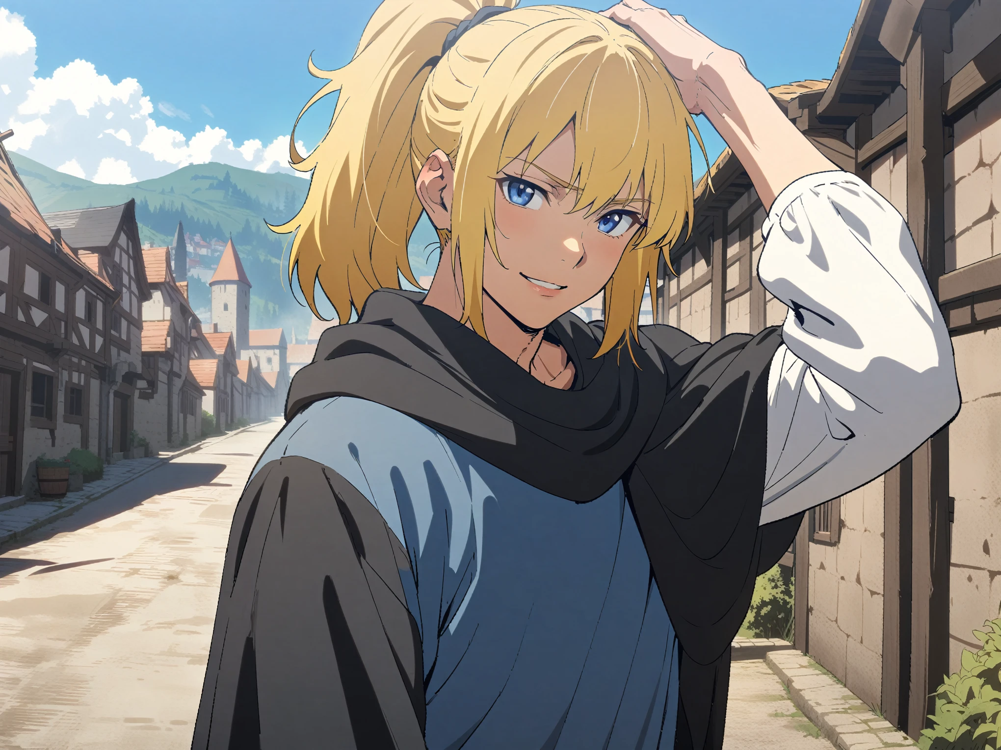 {{upper body, from side}} {{Artist: Sincos}} muscular male, solo, tall, lean, handsome, lips, blonde hair, medium hair, high ponytail, short ponytail, straight hair, blue eyes, outdoors, town, pov, sweet smile, hand on own head, looking at viewer, standing, blue tunic, white sleeves, black cloak, day, medieval fantasy.
