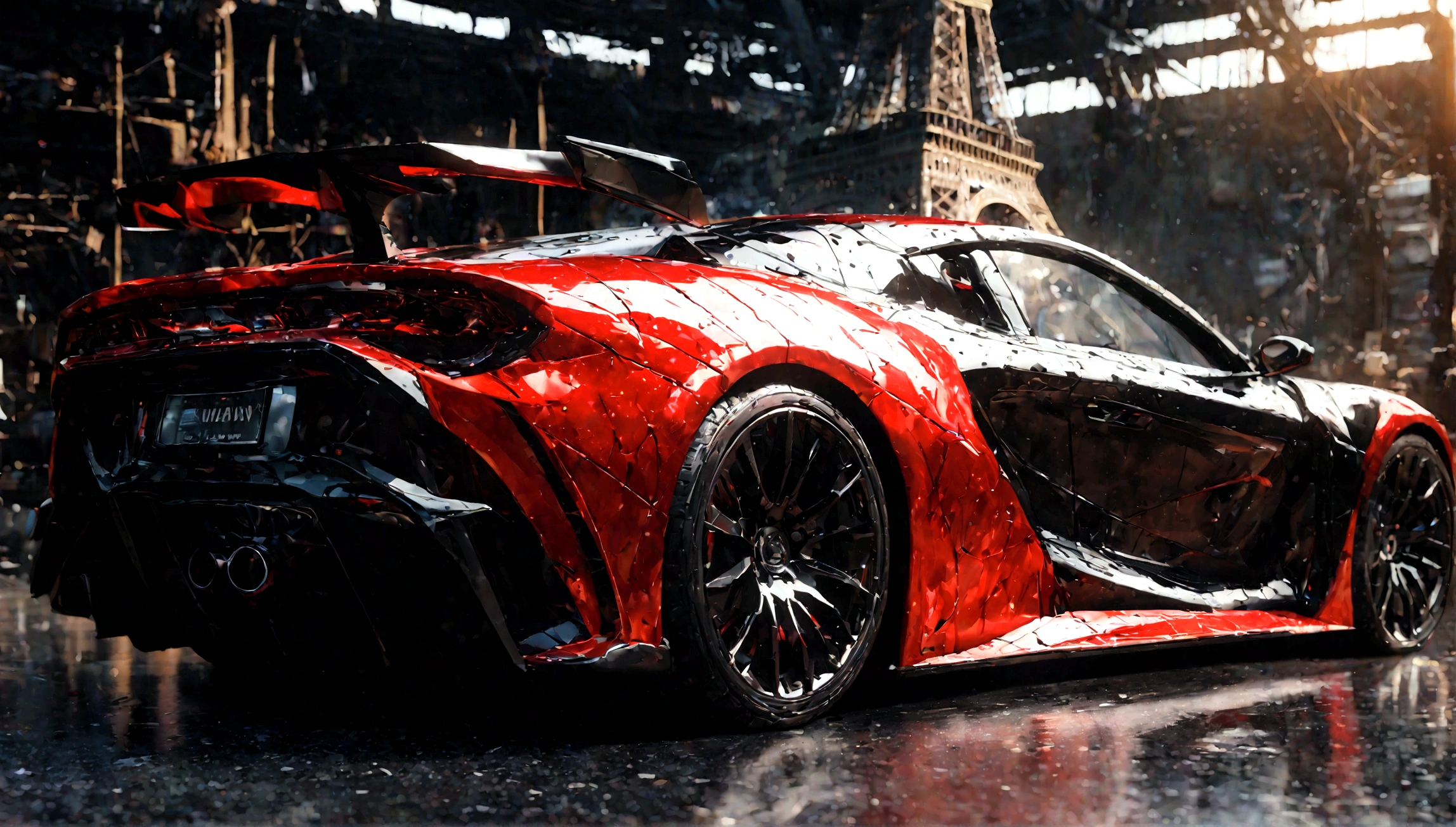 red and black superdeportivo car, aggressive design, eiffel tower in the background, detailed car, 8k, photorealistic, studio lighting, award winning, dramatic lighting, cinematic composition, intricate details, highly detailed, ultra-realistic, hyper-detailed, super sharp focus, volumetric lighting, photographic, 3d render, concept art style, digital painting, vibrant colors, dynamic pose