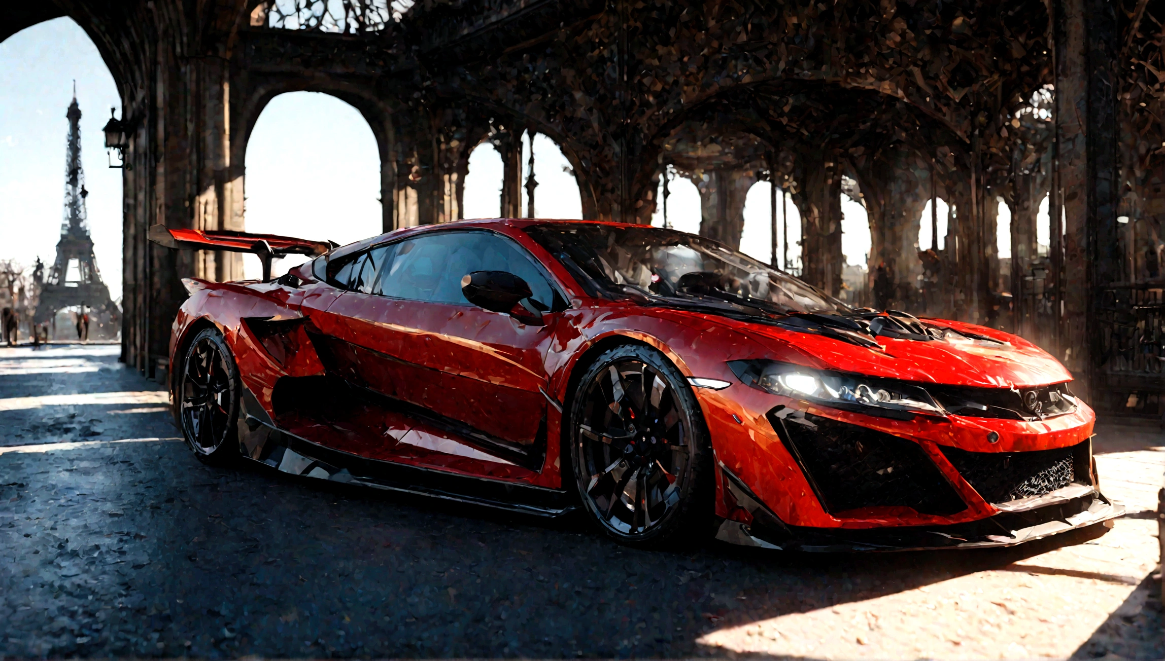 red and black superdeportivo car, aggressive design, eiffel tower in the background, detailed car, 8k, photorealistic, studio lighting, award winning, dramatic lighting, cinematic composition, intricate details, highly detailed, ultra-realistic, hyper-detailed, super sharp focus, volumetric lighting, photographic, 3d render, concept art style, digital painting, vibrant colors, dynamic pose