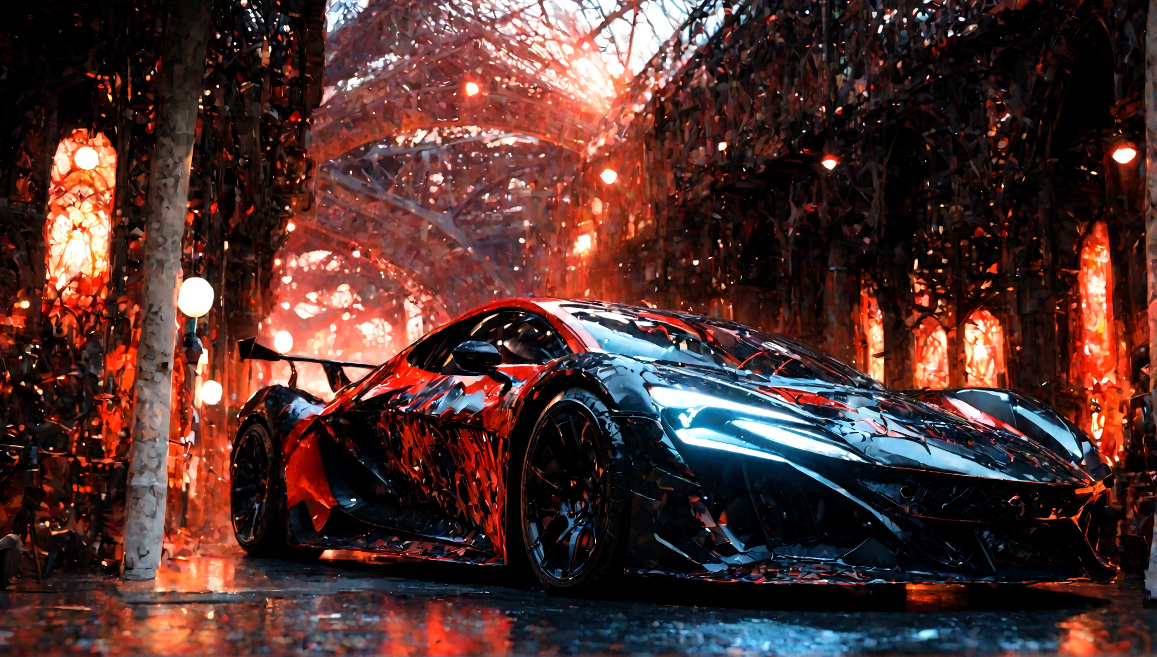 red and black superdeportivo car, aggressive design, eiffel tower in the background, detailed car, 8k, photorealistic, studio lighting, award winning, dramatic lighting, cinematic composition, intricate details, highly detailed, ultra-realistic, hyper-detailed, super sharp focus, volumetric lighting, photographic, 3d render, concept art style, digital painting, vibrant colors, dynamic pose