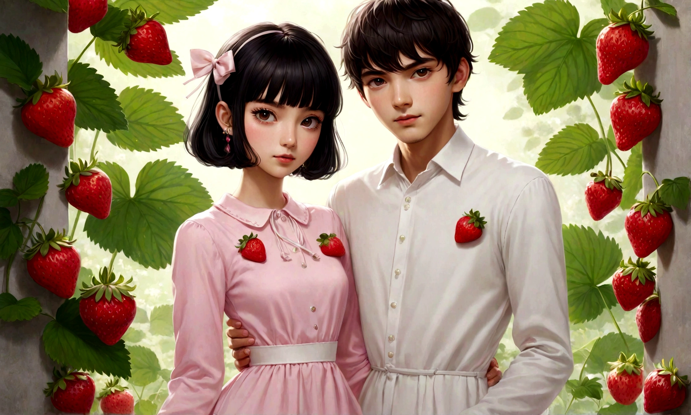 strawberry　pink　cute　girl　boy　Two shots　Couple　whole body　 Long sleeve white dress, And heeled shoes. Her black bangs are straight、Each eye has three eyelashes。. Shine; Sparkling　strawberryの花　Going out　carrying a shoulder bag on one&#39;s shoulder　Date