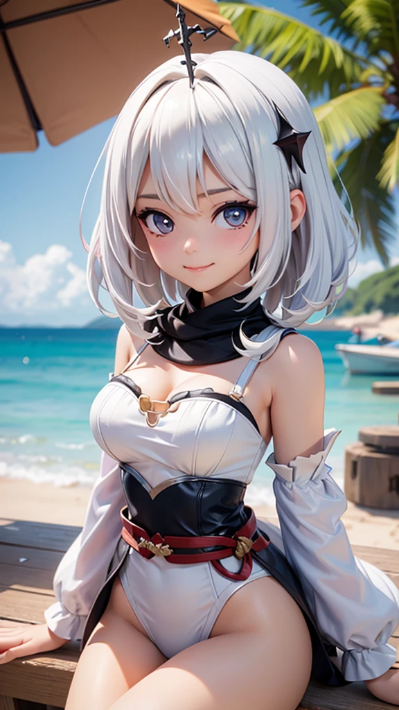 off the shoulder dress，a girl，swimsuit，white hair，Genshin，Paimon，genshin，Show your waist，Smile，portrait，sexy，****ta