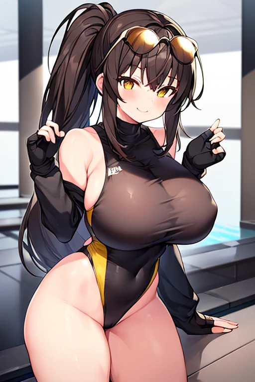 1girl, one-piece swimsuit, black one-piece swimsuit, brown hair, ponytail, highleg, cleavage, eyewear on head, yellow eyes, bare legs, thick thighs, huge breasts, smile, pool, competition swimsuit, sleeves, long sleeves, ((bare legs)), ((sleeves)), ((fingerless gloves)), ((long sleeves))