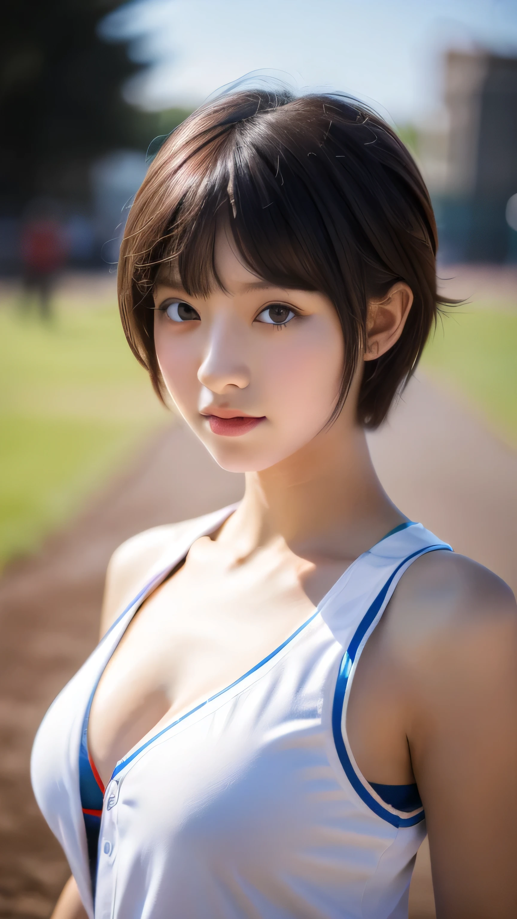 ((8k:1.27), best quality, masterpiece, ultra highres:1.2) Photo of cute idol girl (beautiful:1.1), , 18 years old, fantasy, detailed, professionally photography, Hasselblad camera, depth of field, 300mm fixed lens, super realistic, ray tracing, cinematic photography, natural lighting, thick body, short pixie haircut, randomly hair color, cute russian girl, big breast, solo girl, 1 girl, wear jersey baseball, play baseball