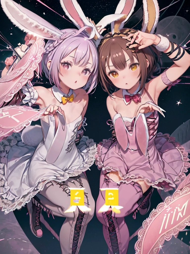 ((Brown Hair)),((Braided Short Hair)),((had black eyes)),A slight red tide,(With bangs),(Lace-up Costumes:2.0),(Rabbit illustration:1.5),(Rabbit ears:1.75),(Cute pose with both hands:1.2),(Active movement:1.5),(Sexy One Piece Dresses:1.25),(garter belt),(Fluffy fur decoration:1.2),(Slim pants),(Eye size:1.5),(your eyes are shining like stars:1.25),(Cute and pop worldview:1.7),(Soft Light),smile,(white, pink, Light purple, Blue and Yellow:1.7),(Browsing Caution:1.5),