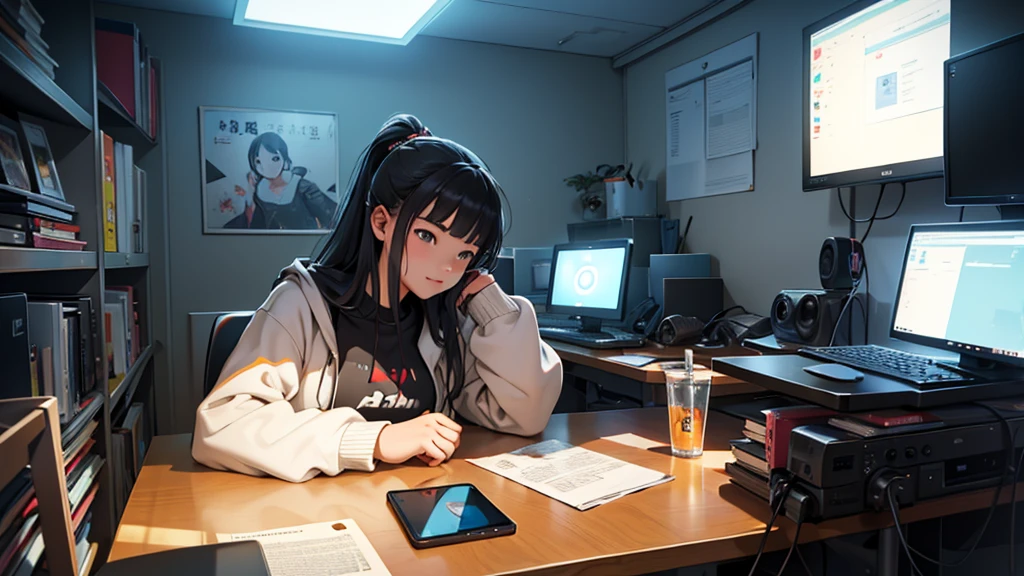 Uma chinesa de 16 anos, hacker especialista em tecnologia. She is in her cozy and relaxing room